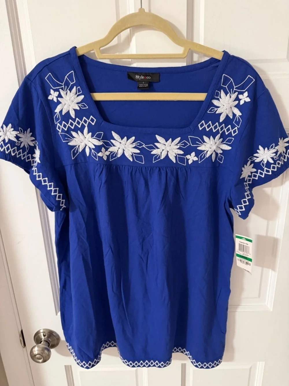 NWT Style & Co. Royal Blue Embroidered Square-Neck Top 100% cotton knit Large